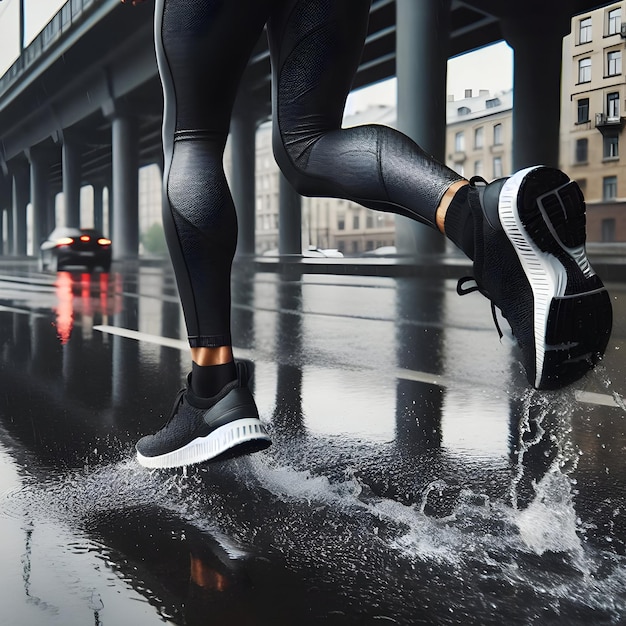 사진 비가 오는 동안  ⁇ 은 아스팔트 위 에 있는 남성 의 다리 스니커