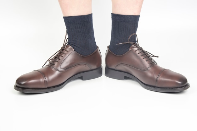 Male legs in socks and brown classic shoes on a white background