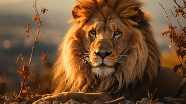 Male lion on the hill against a sunset background