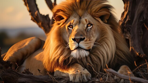 A male lion is sitting on the rock