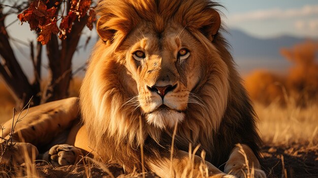 Male lion on savanna grass with a background of trees in the hills