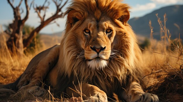 Male lion on savanna grass with a background of trees in the hills