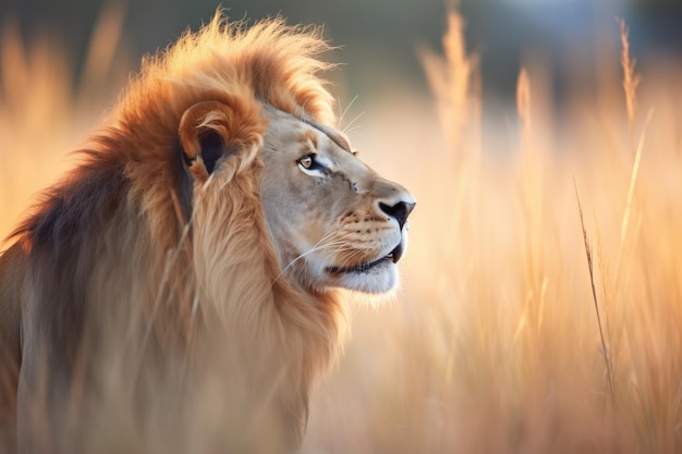 雄ライオンは日出時にサバンナをスキャンしています