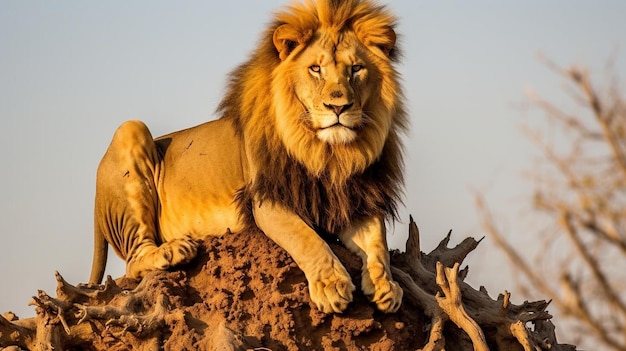 male lion on top of termite mound