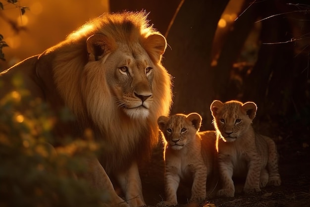 Лев с двумя детенышами в дикой природе