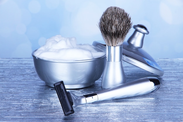 Male luxury shaving kit on table