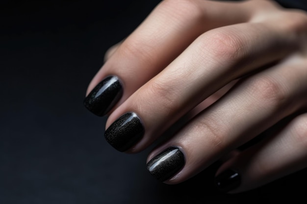 Male manicure with black nail polish close up