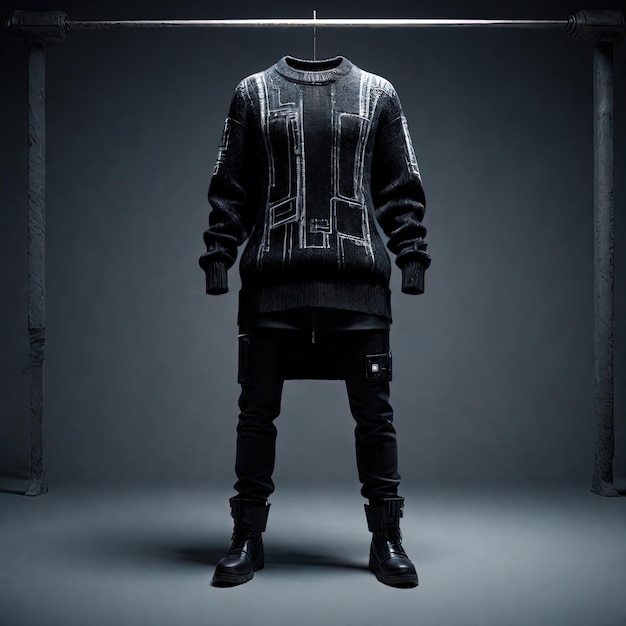 Male mannequin dressed in black clothes with a fur coat in his hands studio shot on a dark backgrou