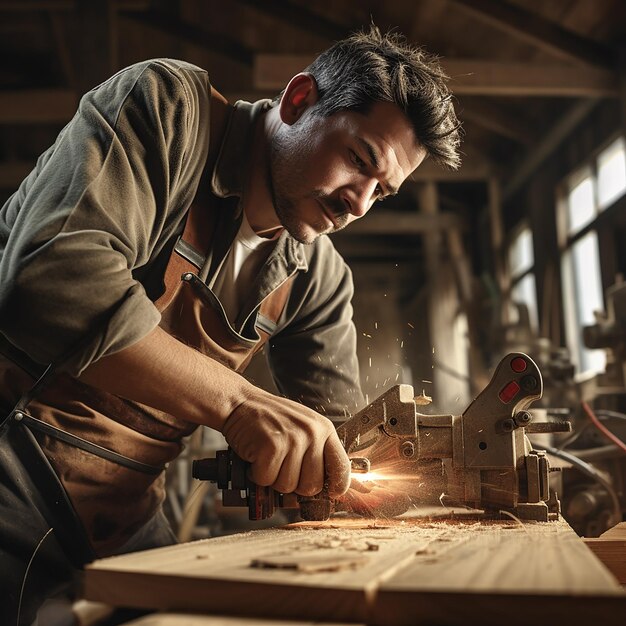 Male Manual Worker Using Plane While Working on a Project