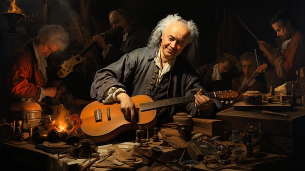 Photo a male master in a workshop cheerfully surrounded by instruments