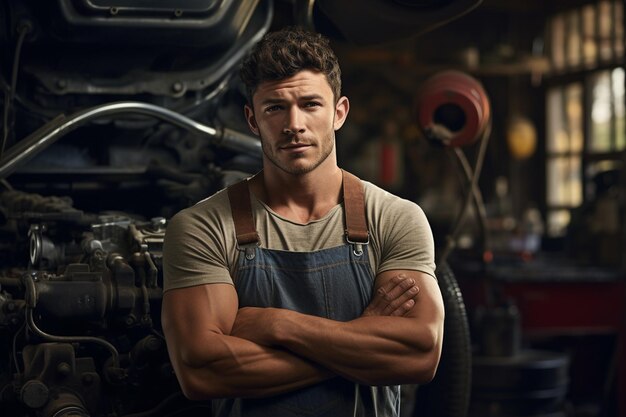 Photo male mechanic in a repair garage generative ai