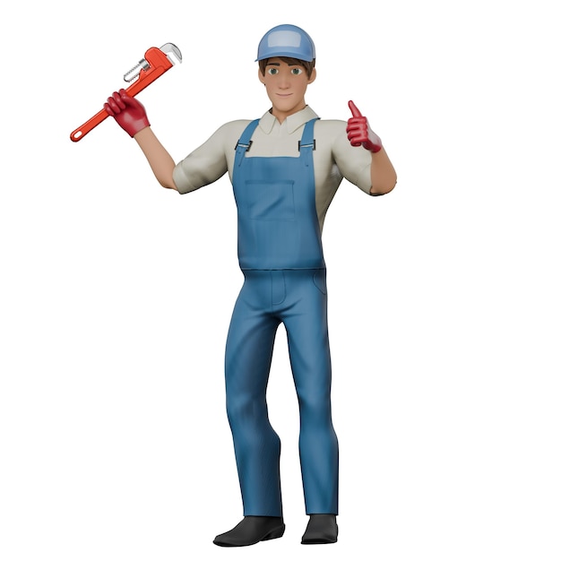 a male mechanic stands with his right hand carrying a large pipe wrench while his left hand points