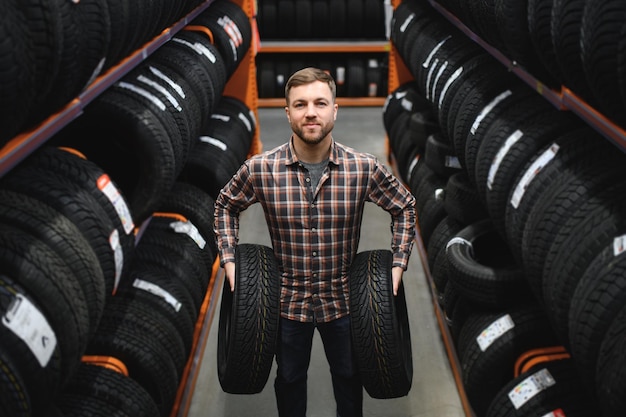 Male mechanic with car tires in automobile service center