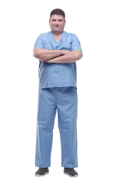 Male medic in a blue uniform isolated on a white