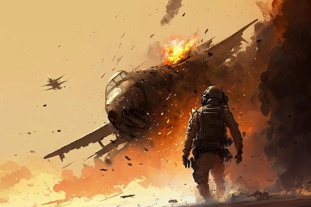 Photo male military pilot at war with a falling burning plane on background generative ai illustration