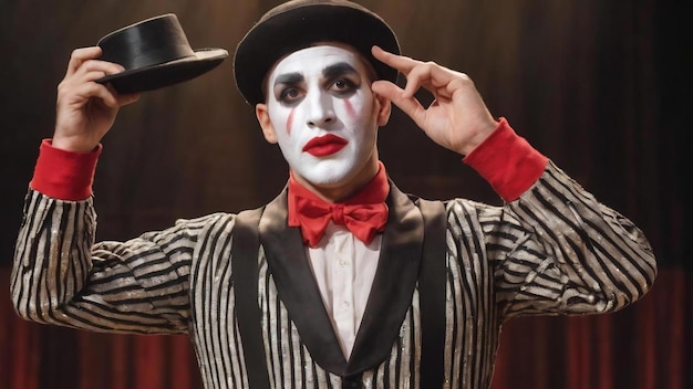 Male mime performing on stage holding hat