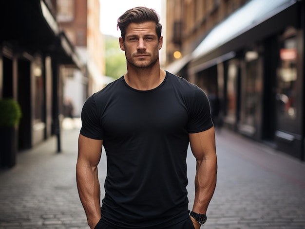 Male model in a classic black cotton Tshirt on a city street Generative ai