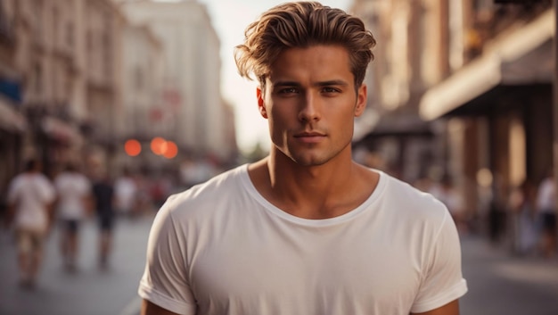 Male model in a classic white cotton Tshirt on a cit