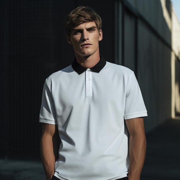 Фото Мужская модель в белом макете футболки с увеличенным абстрактным фоном высокого разрешения