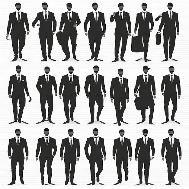 Male model silhouette set vector wearing a suit and standing in different positions