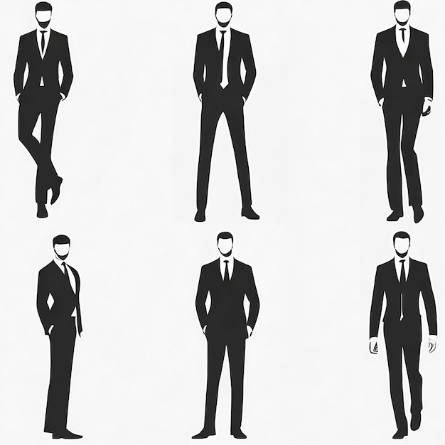 Male model silhouette set vector wearing a suit and standing in different positions