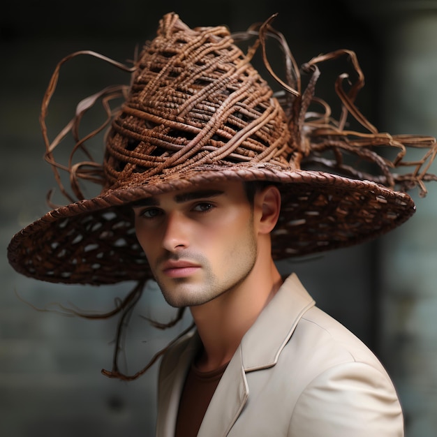 Male model wearing extraordinary rattan hat unique