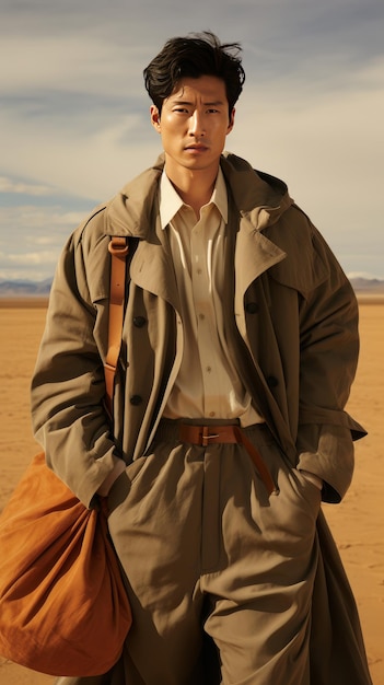 Photo male model wearing hermes x lv x armani clothes poses in the desert with a simple background chaos 30 ar 916 stylize 500 job id 79a0c5d1a91b4f639d8a384ab610e16c