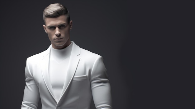 Male model wearing a white suit isolated on dark grey background Copy space Stylish handsome man