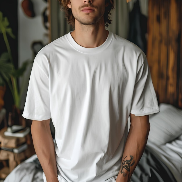 흰색 티셔츠를 입고 침대에 서있는 남성 모델