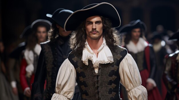 남성 모델들은 듀마 소설의 무스케이터 캐릭터에 영감을 받은 옷을 런웨이에 선보인다.