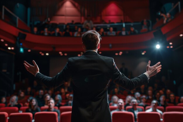 A male motivational speaker on stage in front of huge audience