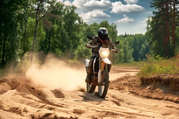 Male motorcyclist in the deserted forest