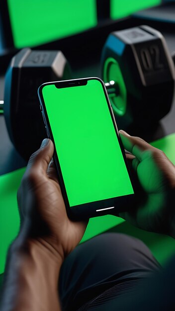 Male muscular hands holding phone with green screen on the background of dumbbells in the gym