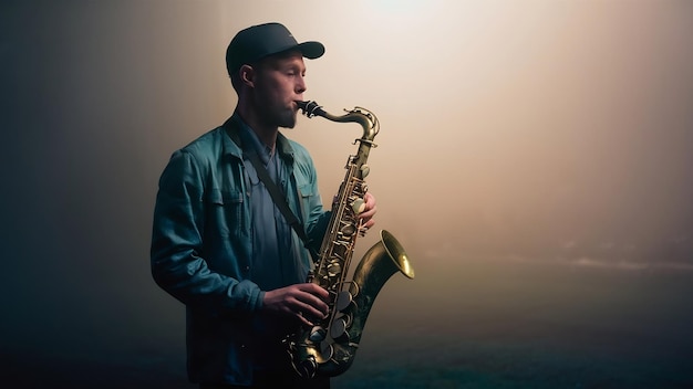 Male musician in fog playing the saxophone