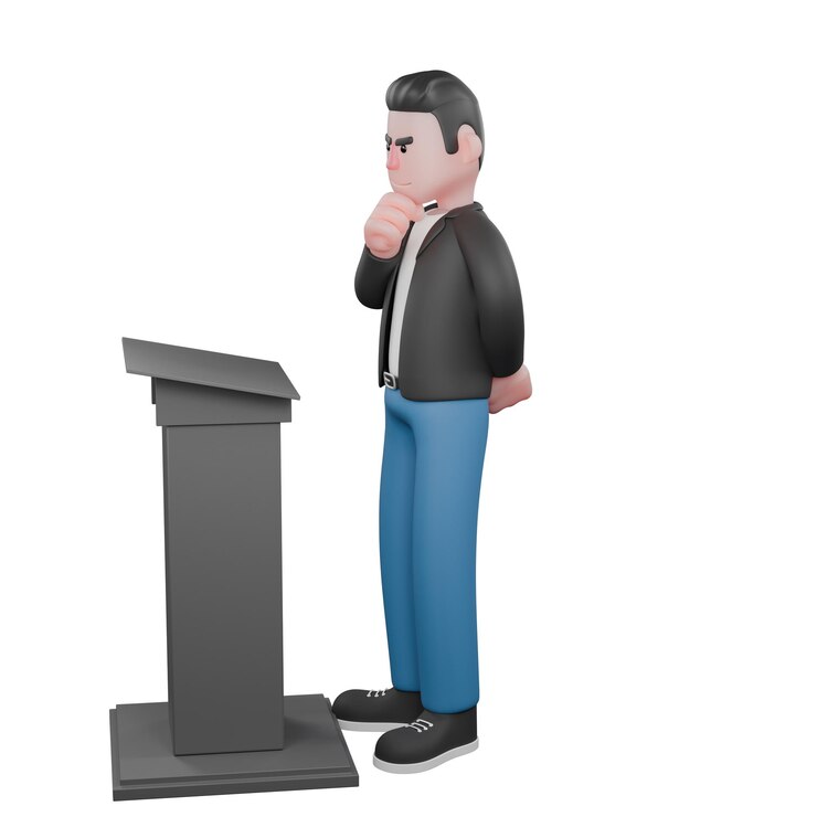 Photo a male musician stands behind a podium with right hand on his chin while left hand is behind him