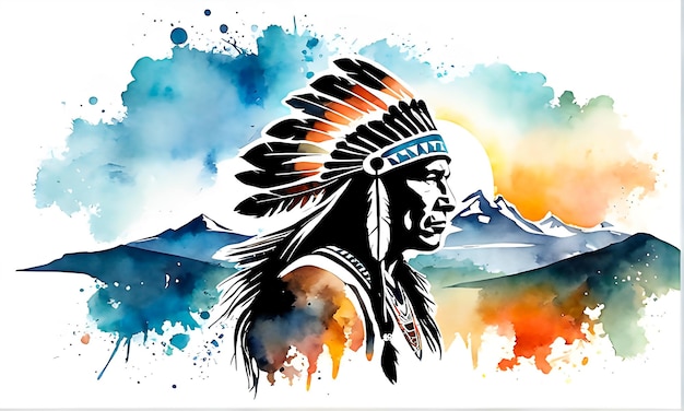 Male native American in side view on a wilderness background in watercolor style