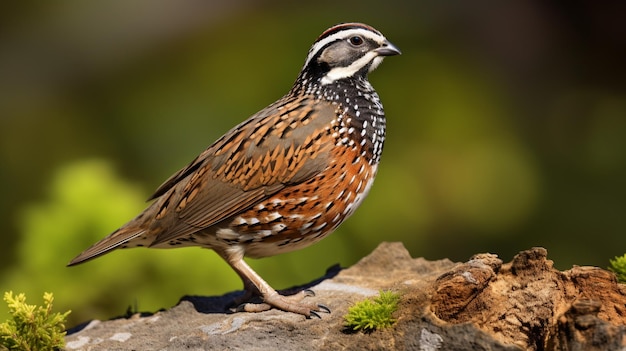 A male northern bobwhite quail perches on a rock in the grass