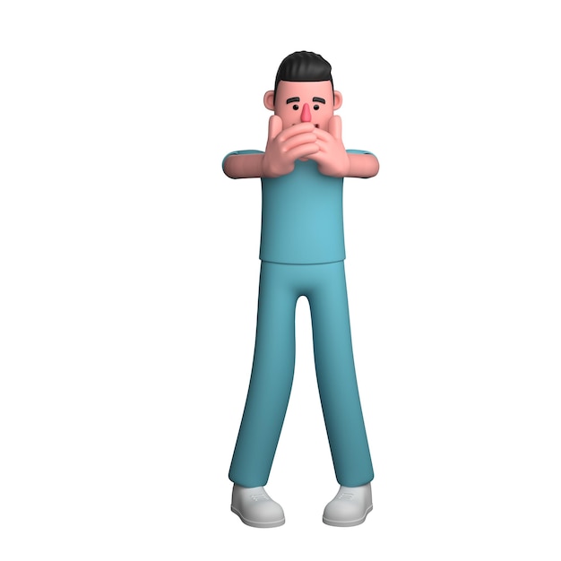 Мужская медсестра стоит с обеими руками, держащей рот 3D мультфильм