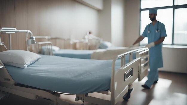 Photo male nurse prepares bed for patient generative ai