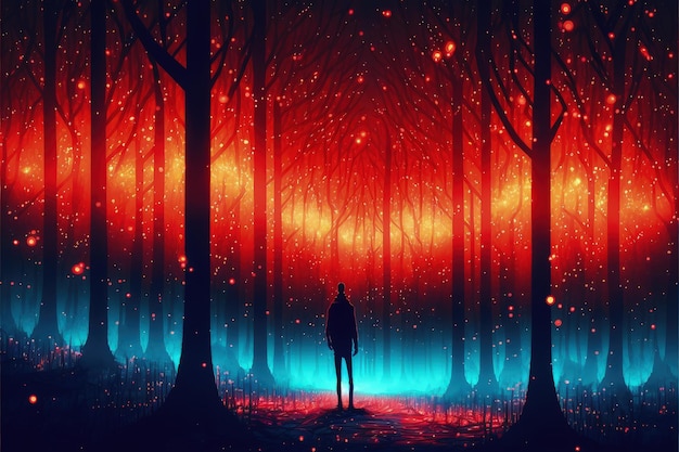 Male observing luminous modern illumination within a magical crimson woods Fantasy concept Illustration painting Generative AI