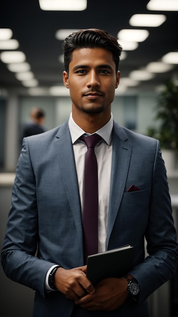 A male office worker holding a folder