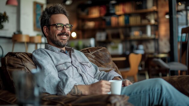 male office worker relaxing enjoying a cup of coffee