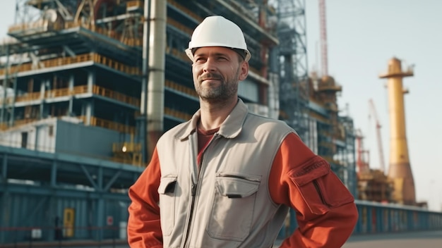 남성 석유 작업자가 석유 플랫폼을 배경으로 보호 헬멧을 쓰고 서 있습니다. Generative AI
