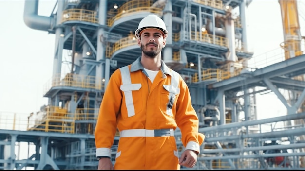 A male oil worker in uniform stands at an oil production station Generative AI