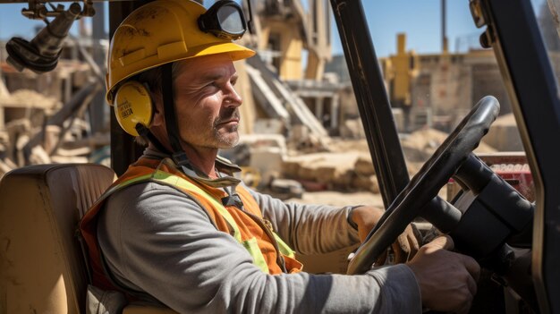 Photo male operator driving heavy equipment on construction building