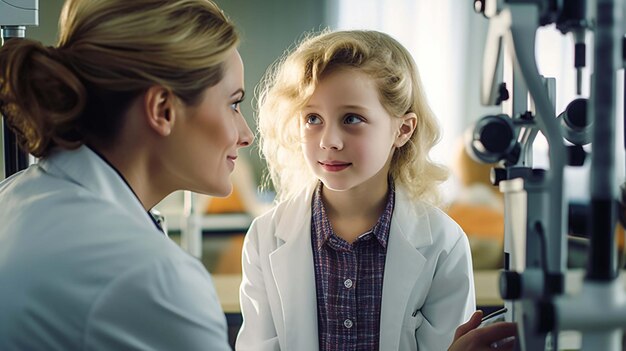 남성 안과 의사 는 안경 슬리트 램프 를 사용 하여 작은 소녀 의 시력 을 검사 한다