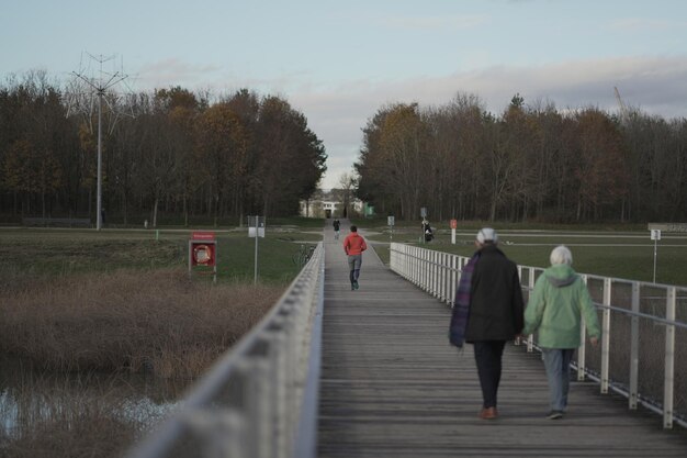 주황색 후드티를 입은 남성이 추운 날씨에 황야의 나무 다리를 건너 국립공원을 달리고 있습니다.