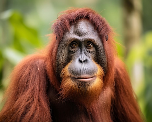 a male orangutan looks into the camera