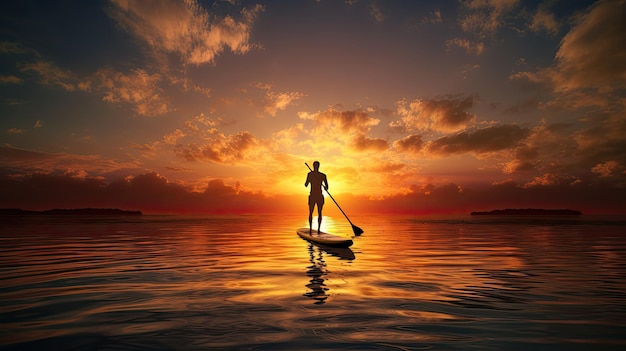 Male paddle boarder silhouette at sunset on shore