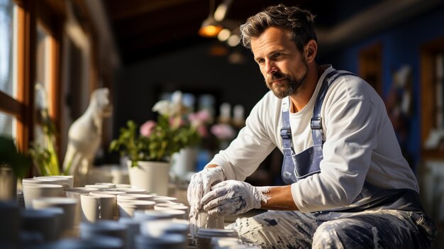 male painter painting in studio